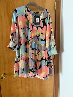 Who What Wear Black Floral Dress with Pink, Lavender, and Yellow Accents